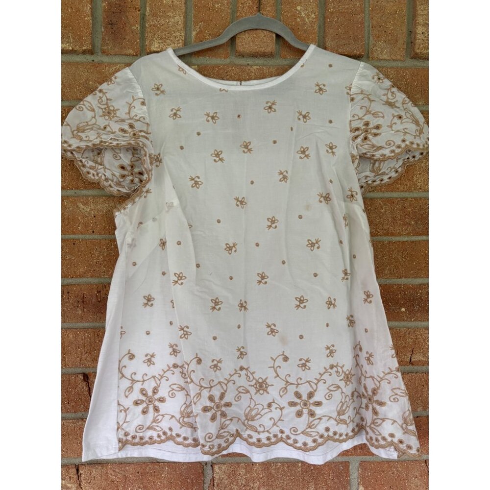 Lane Bryant  White & Beige Embroidered Cotton Blend Short Sleeve Tunic Top